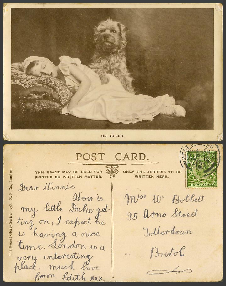 Dog on Guard Little Girl Sleeping Puppy Pet Animal 1912 Old Real Photo Postcard