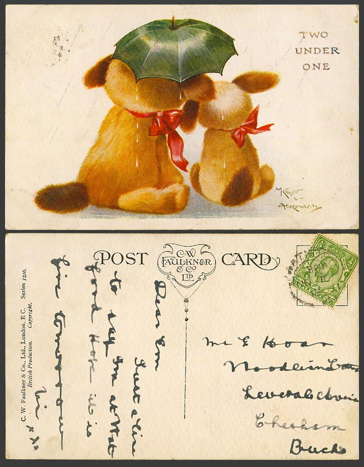M. Knight & A.E. Kennedy 1912 Old Postcard 2 Dogs Puppies Two under one Umbrella