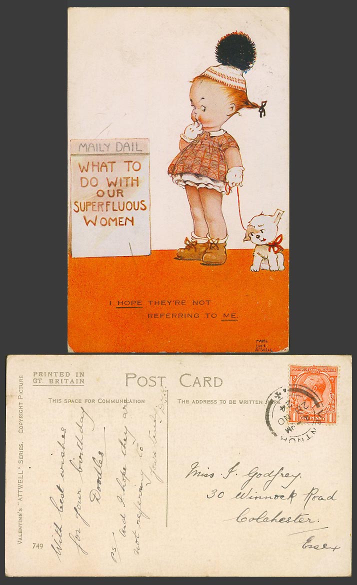 MABEL LUCIE ATTWELL 1924 Old Postcard Not Referring to Me, Superfluous Woman 749