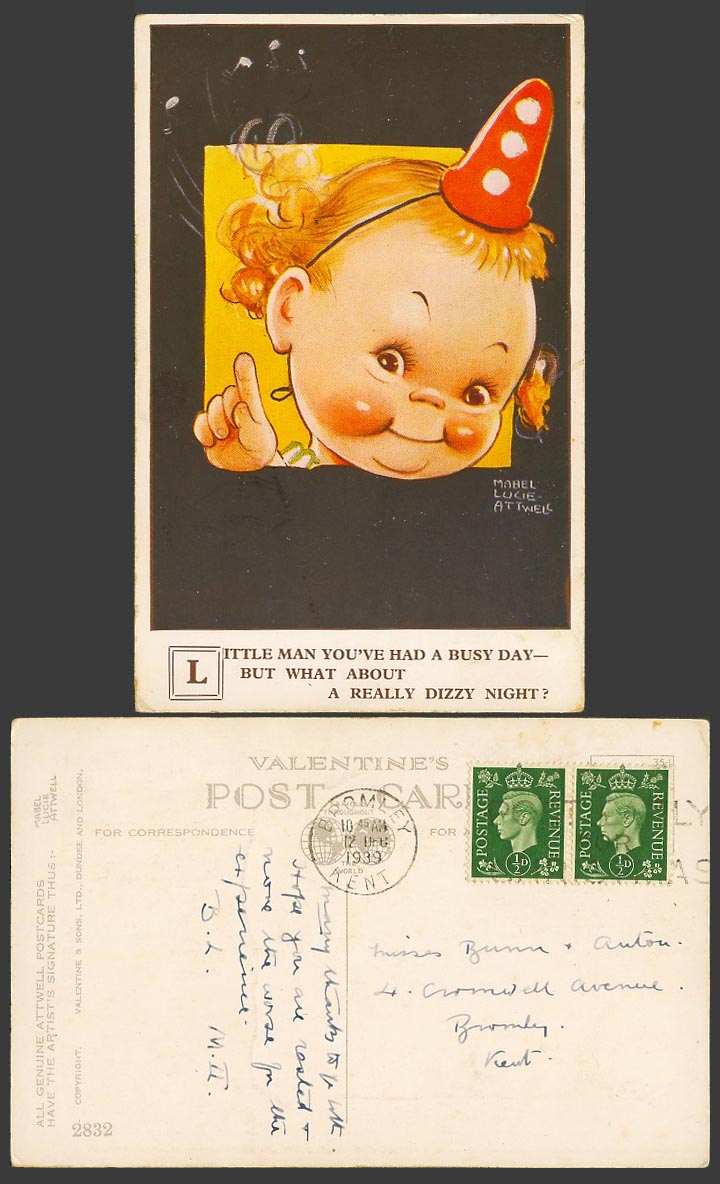 MABEL LUCIE ATTWELL 1939 Old Postcard Girl Busy Day & A Really Dizzy Night? 2832