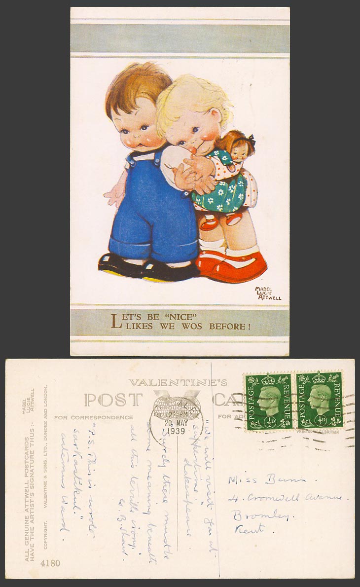 MABEL LUCIE ATTWELL 1939 Old Postcard Lets Be Nice Likes We Wos Before Doll 4180