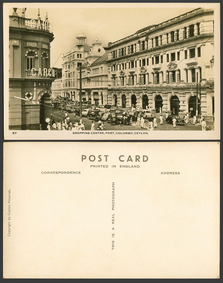 Ceylon Old Real Photo Postcard Shopping Centre, Fort, Colombo, Street Scene Cars