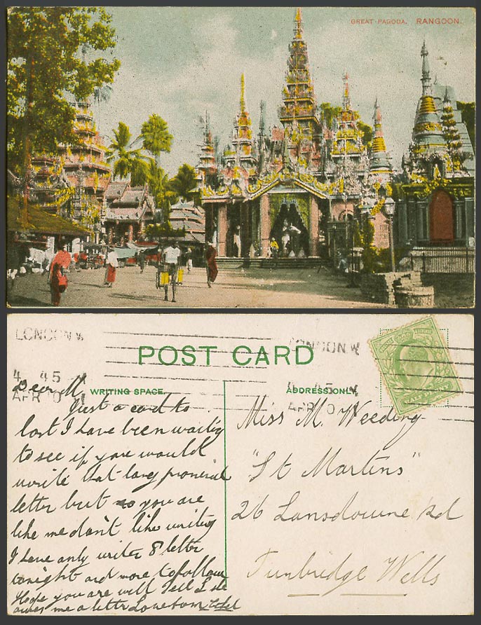 Burma GB KE7 1/2d 1910 Old Colour Postcard Great Pagoda Rangoon, Burmese Temples