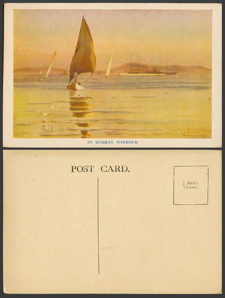 India Artist Signed 1917 Old Colour Art Postcard Sailing Boats In Bombay Harbour