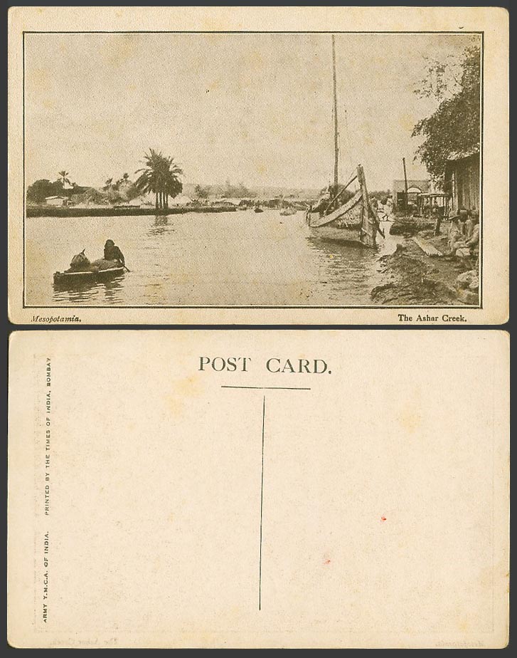 IRAQ Old Postcard Mesopotamia The Ashar Creek River, Boats Palm Trees, Army YMCA