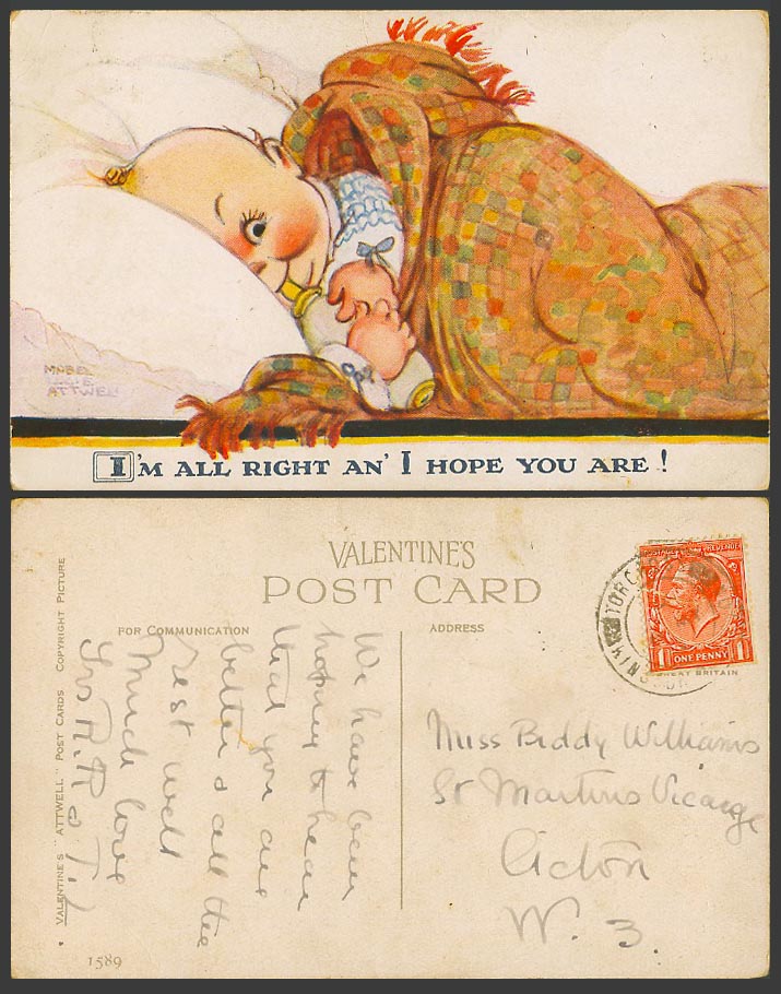 MABEL LUCIE ATTWELL Old Postcard I'm All Right an' Hope You Are Baby Bottle 1589