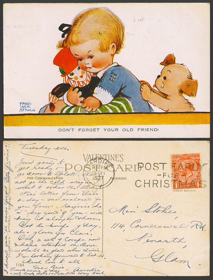 MABEL LUCIE ATTWELL 1927 Vintage Postcard Clown, Don't Forget Ur Old Friend 1184