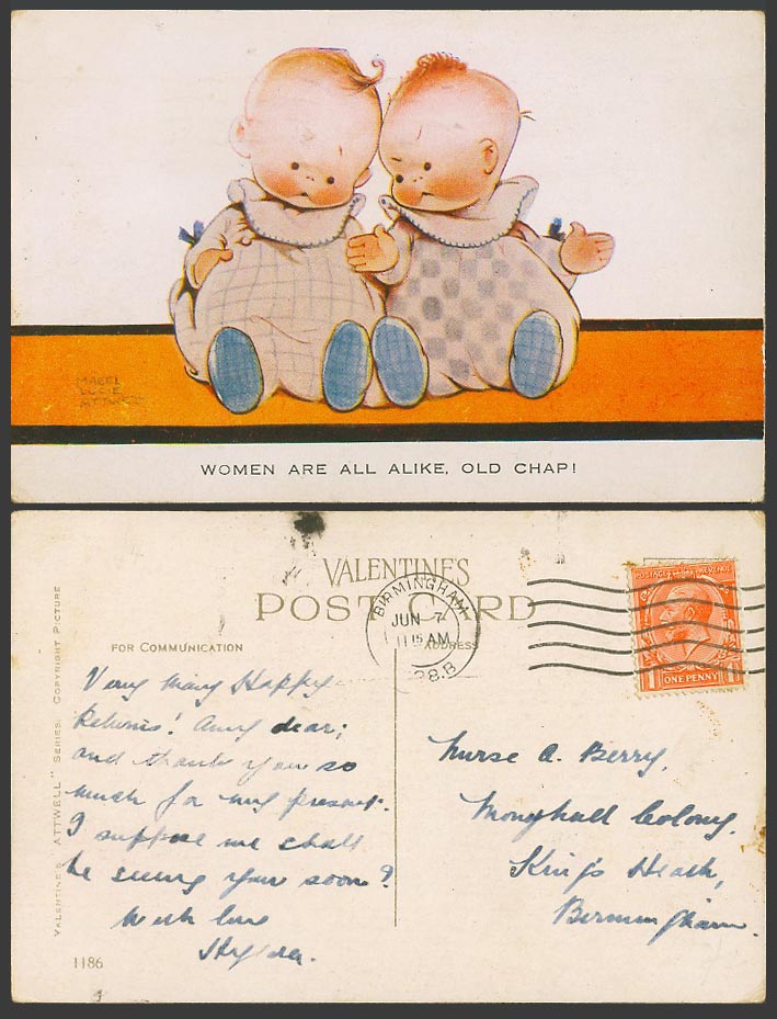 MABEL LUCIE ATTWELL 1928 Old Postcard Twins Twin Boy Babies Women Are Alike 1186