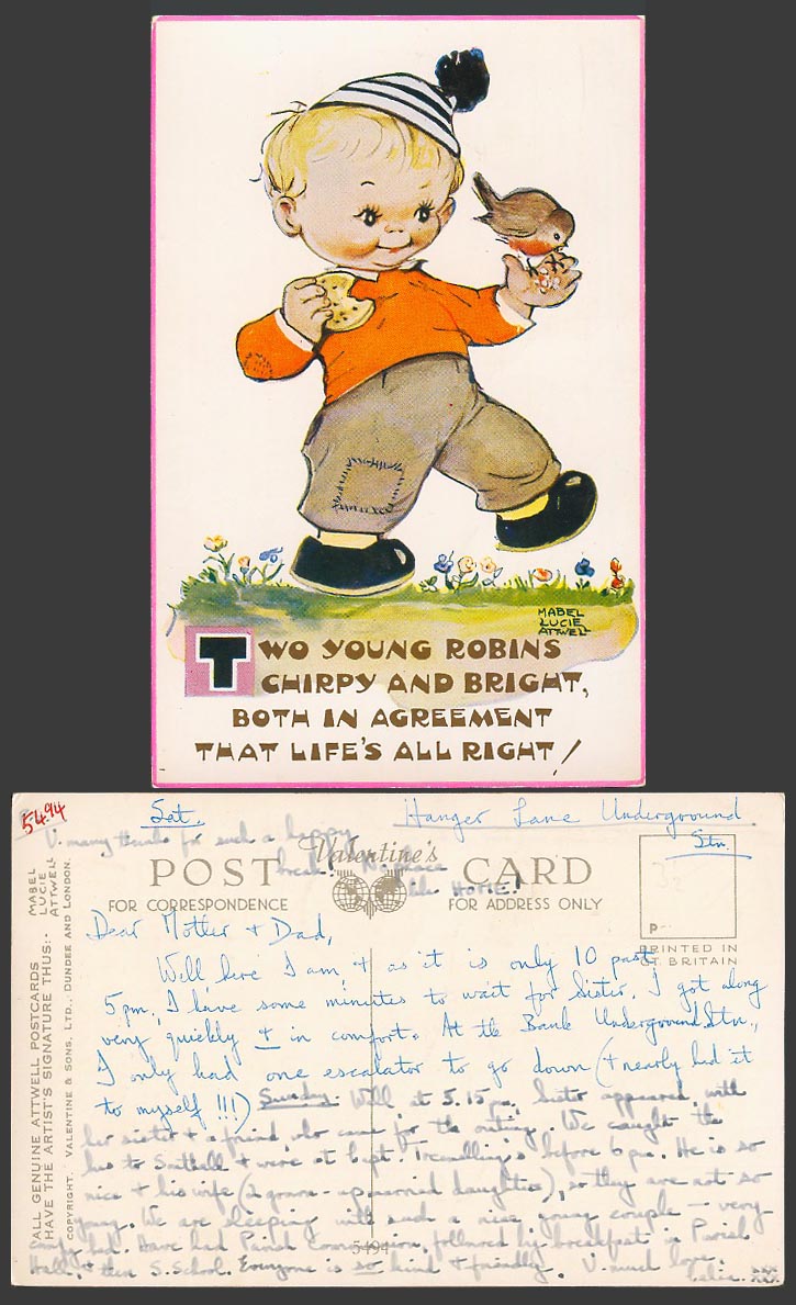 MABEL LUCIE ATTWELL Old Postcard Young Robins Chirpy Bright Life Right Bird 5494