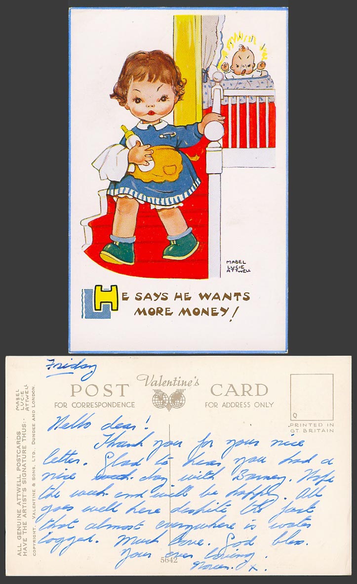 MABEL LUCIE ATTWELL Old Postcard Milk Bottle, He Says He Wants More Money! 5642