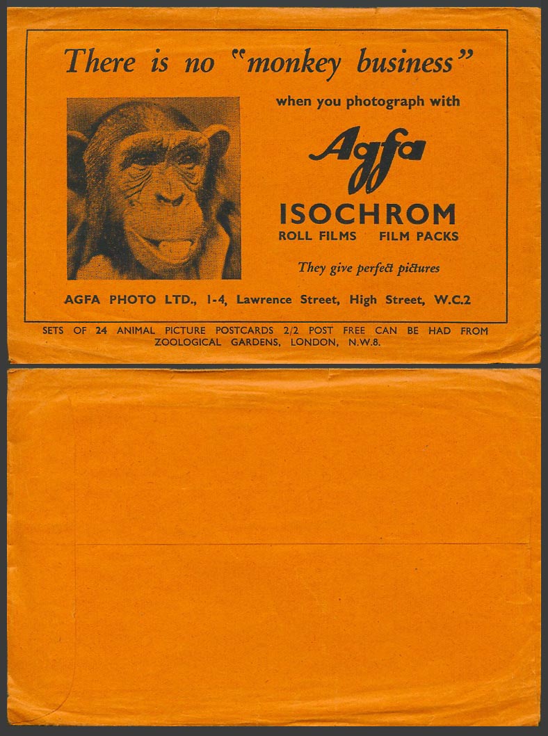 Chimpanzee Old Empty Postcard Wallet Sleeve for Animals No Monkey Business, Agfa