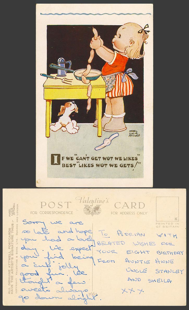 MABEL LUCIE ATTWELL Old Postcard We Best Like Wot We Get Sausage Girl & Dog 1663