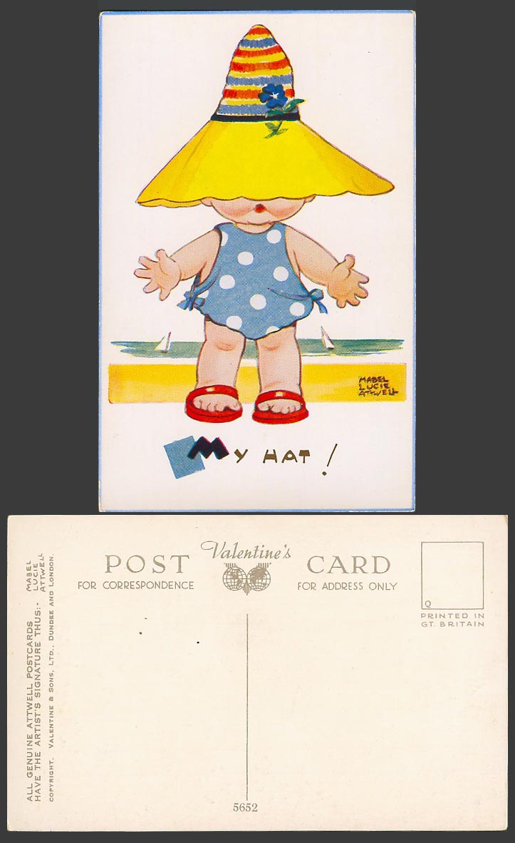 MABEL LUCIE ATTWELL Old Postcard Little Girl wearing My Hat! Beach ,Seaside 5652