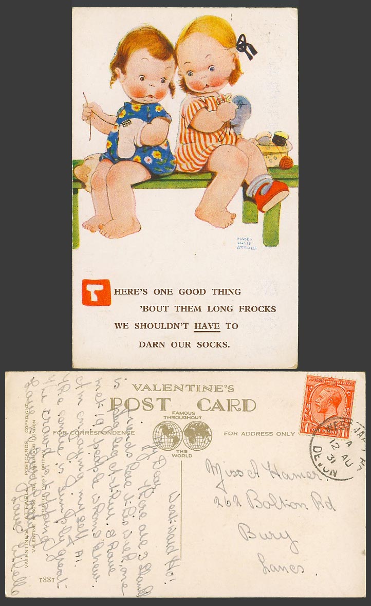 MABEL LUCIE ATTWELL 1931 Old Postcard Long Frocks, Shouldn't Darn Our Socks 1881