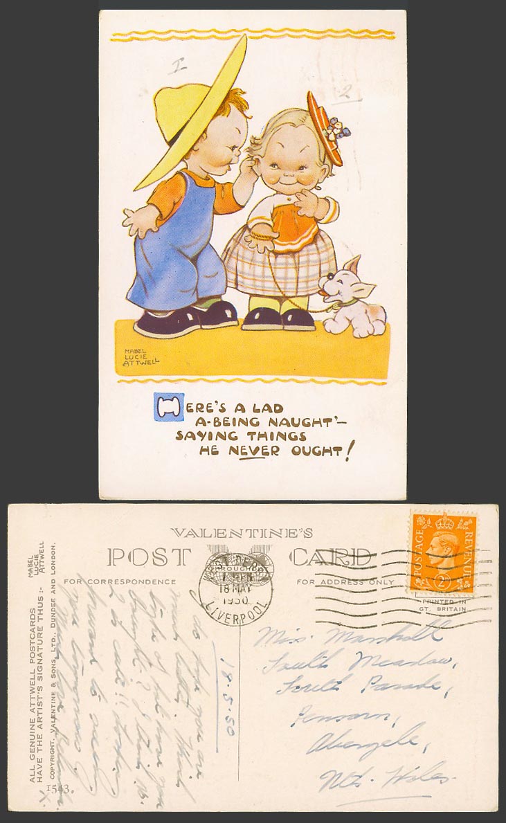 MABEL LUCIE ATTWELL 1950 Old Postcard Being Naught Say Things Never Ought 1543