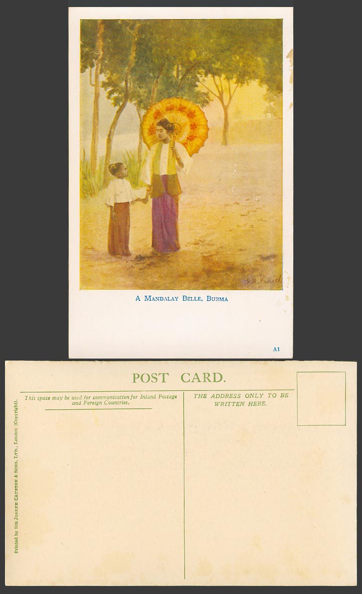 Burma F.M Muriel Artist Signed Old Postcard A Mandalay Belle Woman Girl Umbrella
