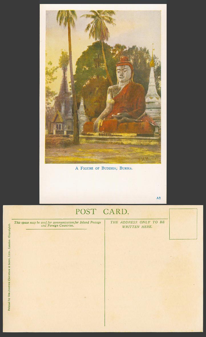Burma F.M. Muriel Artist Signed Old Postcard A Figure of Buddha Statue - Pagodas