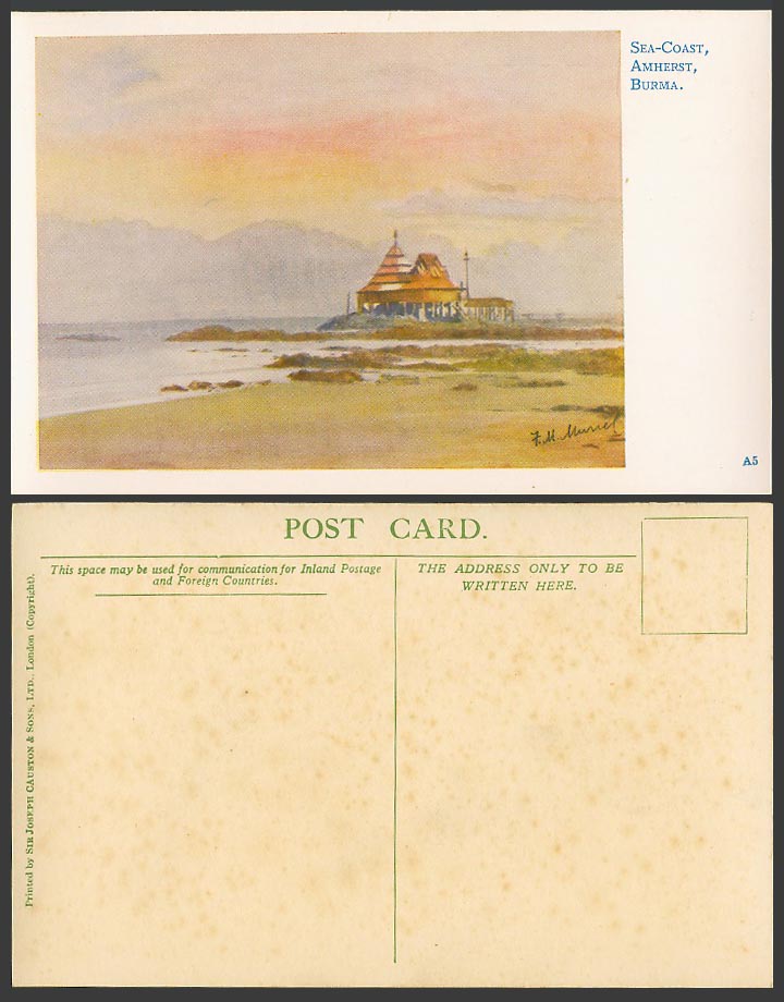 Burma ART Old Postcard Sea-Coast Amherst Kyaikkhami Artist Signed by F.M. Muriel