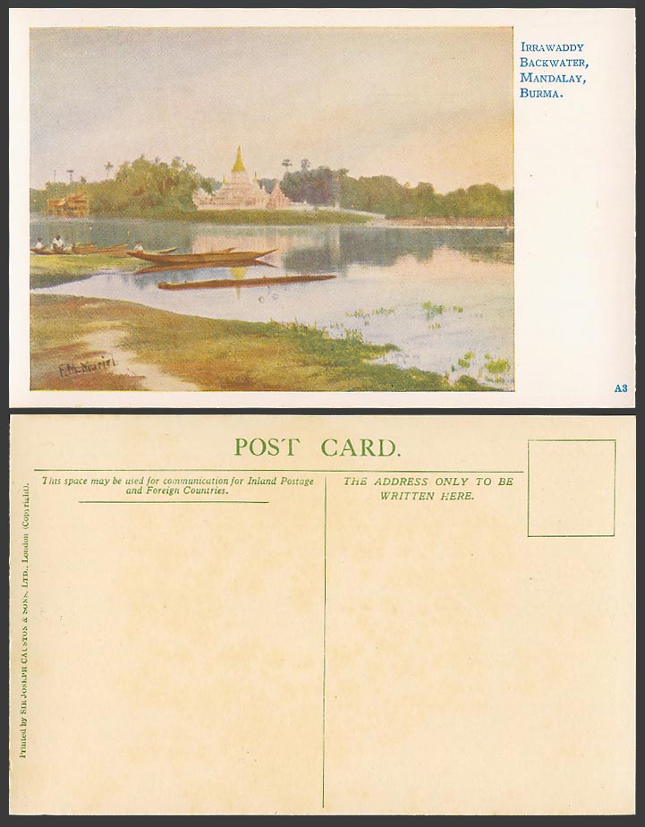 Burma F.M. Muriel Signed Old Postcard Irrawaddy Backwater Mandalay, Boats Canoes