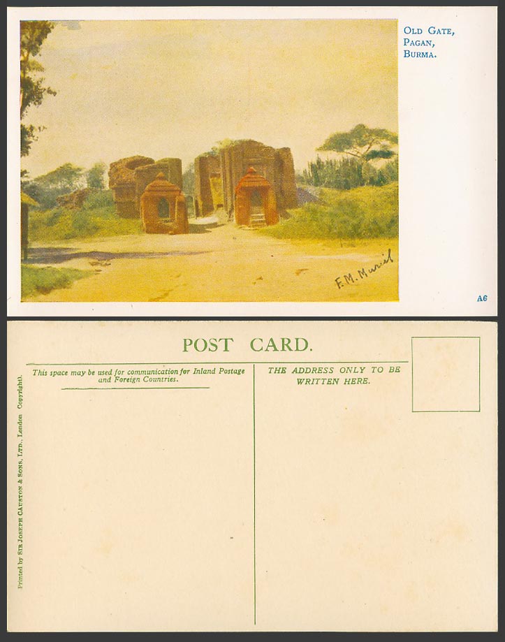 Burma F.M. Muriel Artist Signed Vintage ART Postcard Old Gate Ruins PAGAN, Gates