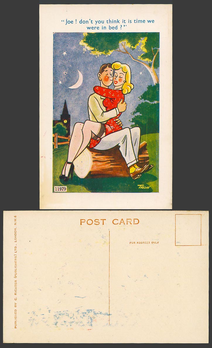 TROW Old Postcard Don't you think it is time we were in bed? Romance, Night Moon