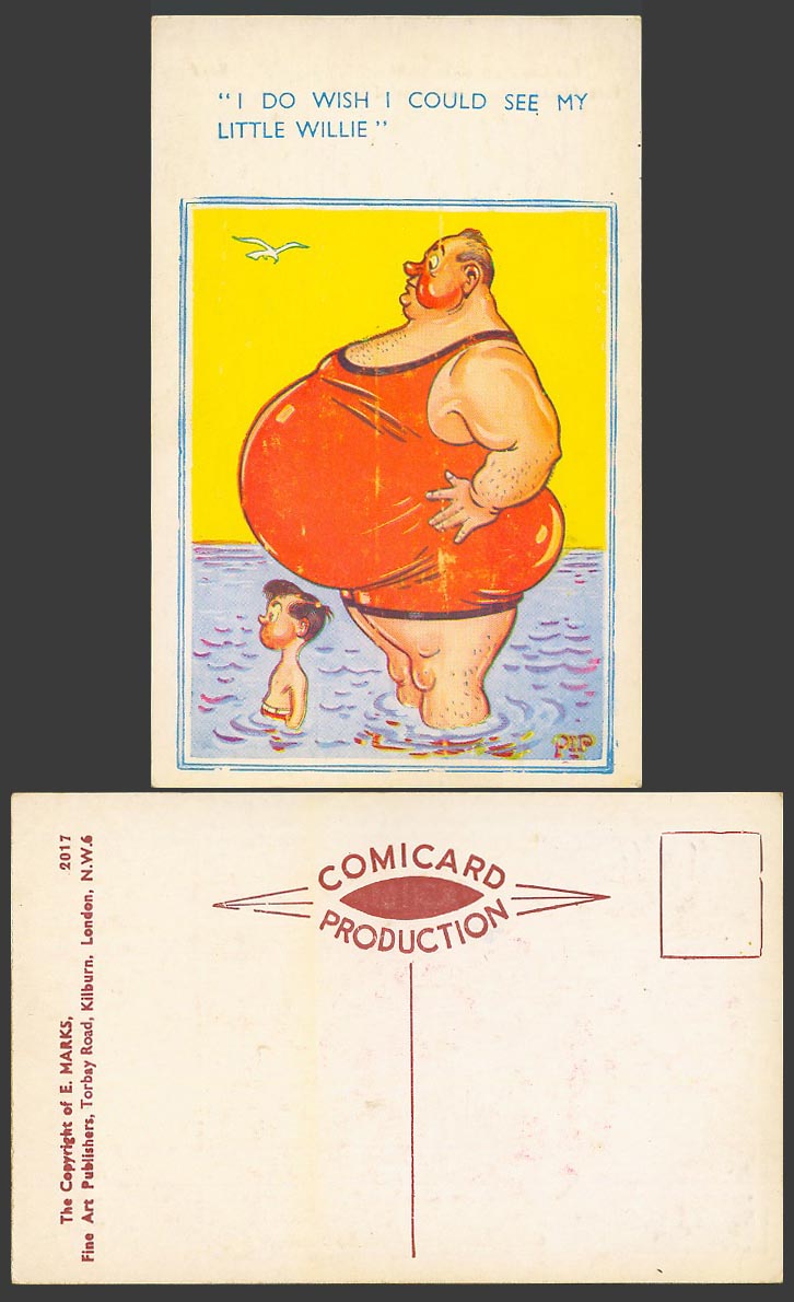 PIP Artist Signed Old Postcard Fat Man & Boy I Wish I Could See My Little Willie