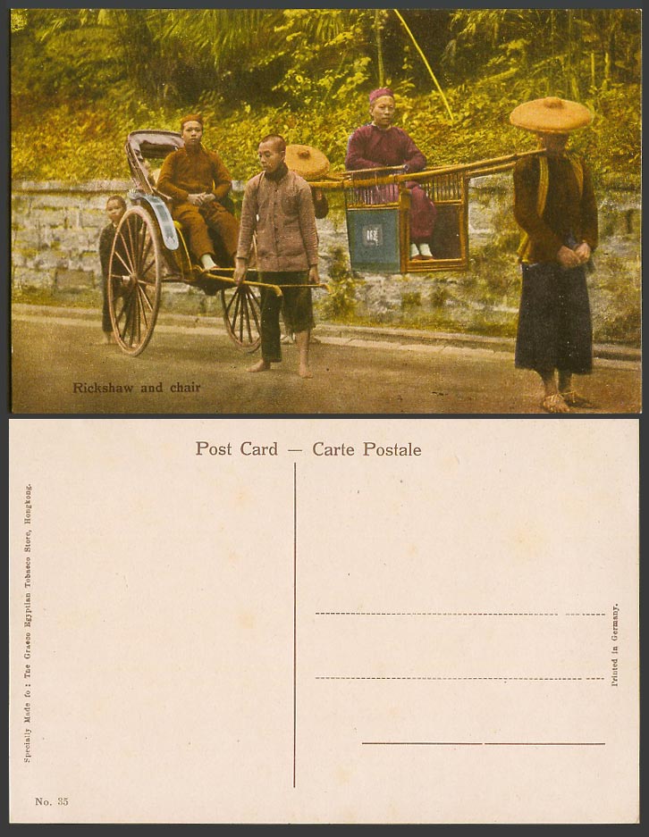 Hong Kong Old Colour Postcard Rickshaw No.462 on Sedan Chair Chinese Coolies Boy