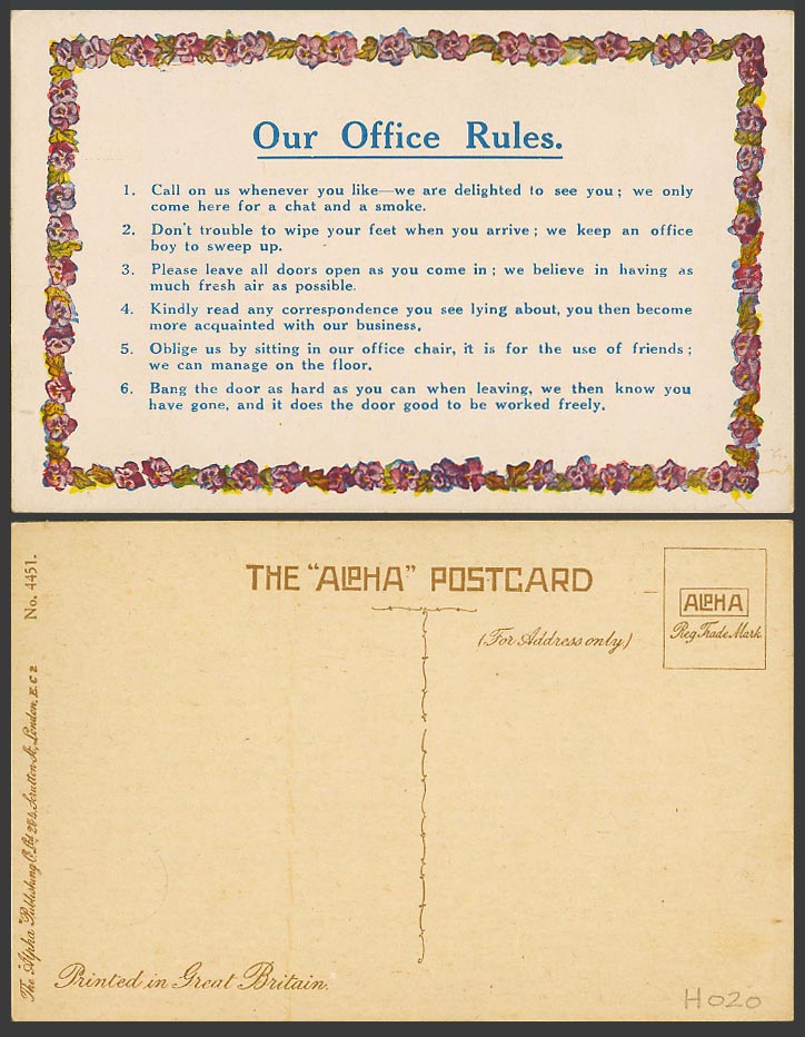 Our Office Rules Call on us whenever you like  Bang the door Old Humour Postcard