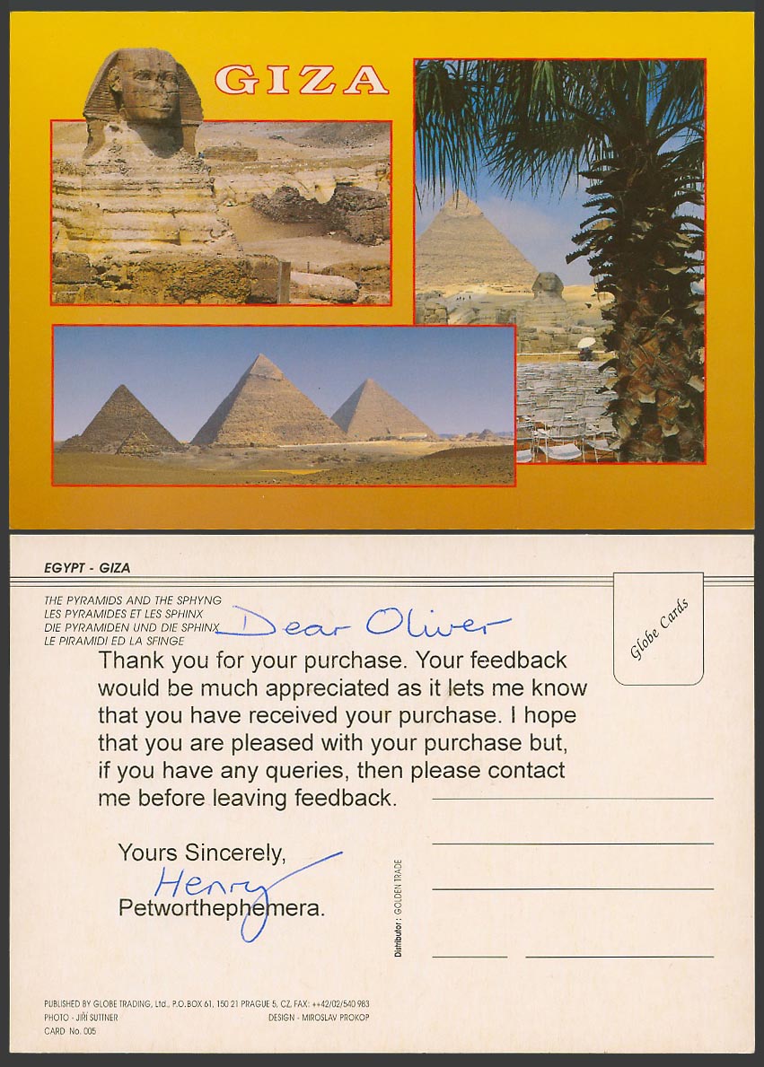 Egypt Large Multiview Postcard Cairo Giza The Pyramids and The Sphinx Palm Trees