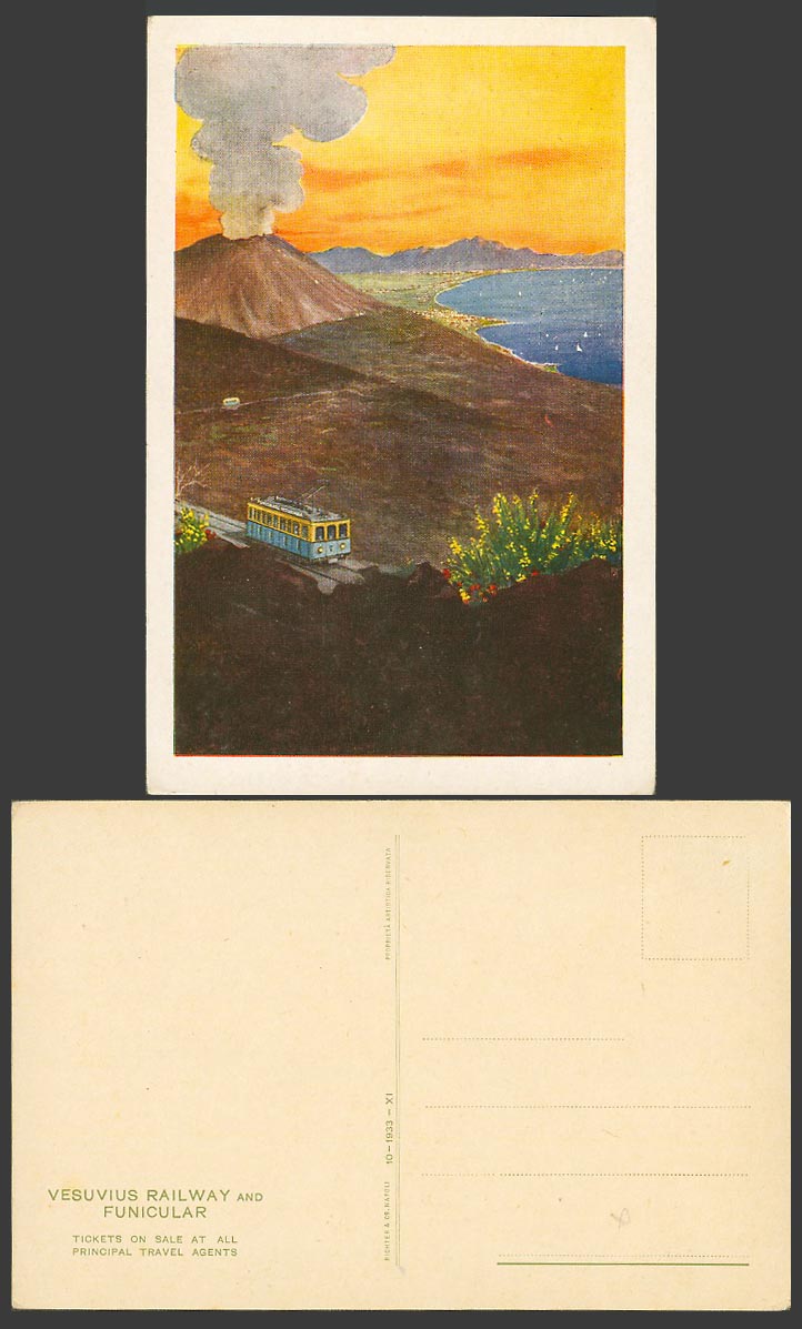 Italy ART Old Postcard Napoli Naples Volcano Mt. Vesuvius Railway Funicular TRAM