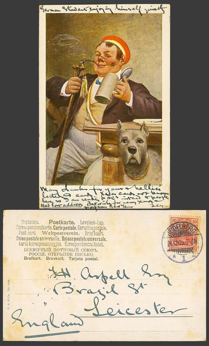 Germany 10pf 1905 Old UB Postcard Man Smoking Pipe Beer Mug Dog Art Artist Drawn