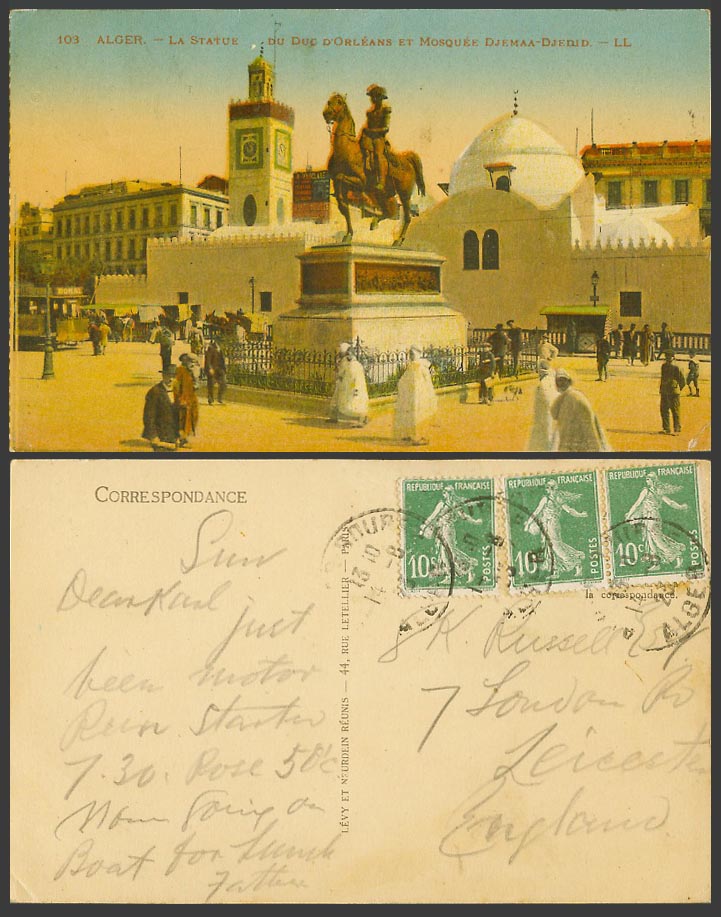 Algeria 1923 Old Postcard Alger Statue Duc d'Orleans Mosque Djemaa Djedid LL 103