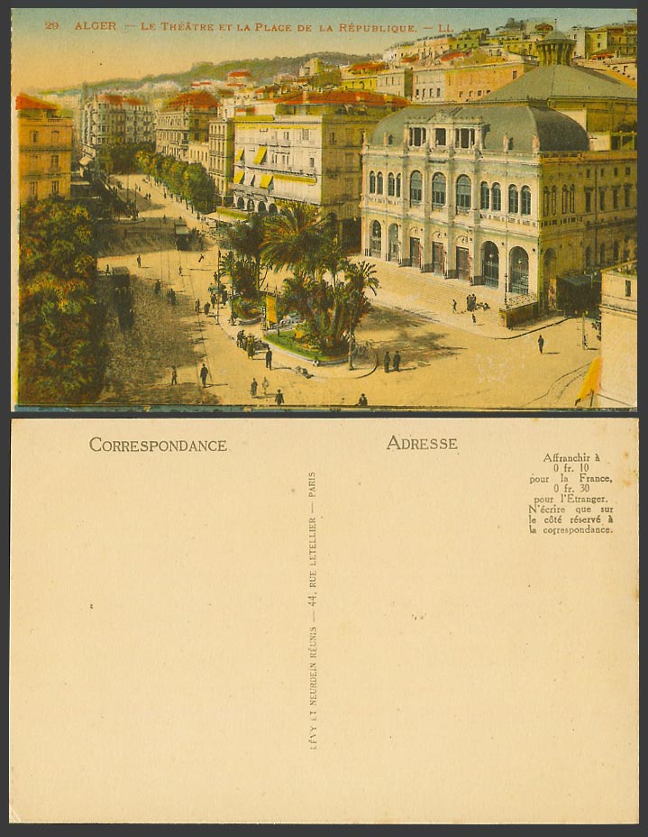 Algeria Old Colour Postcard Alger Theatre et Place de la Republique Street LL 29