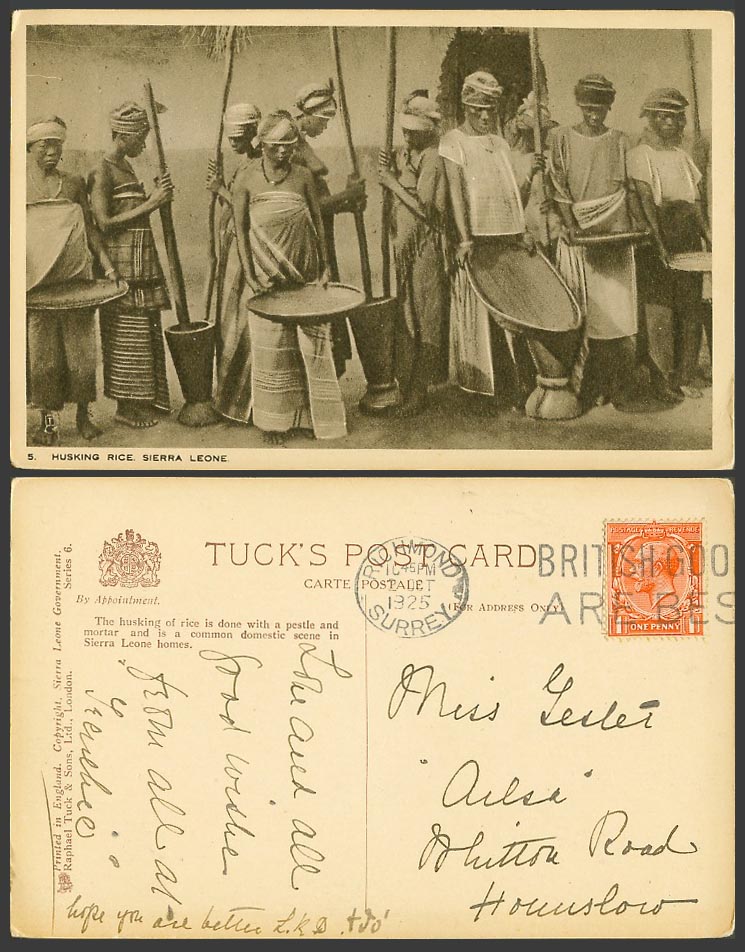 Sierra Leone 1925 Old Tuck's Postcard Husking Rice Native Women Mortar & Pestle