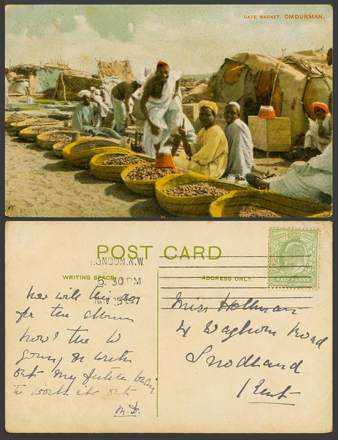 Sudan 1907 Old Colour Postcard OMDURMAN DATE MARKET Dates Native Sellers Vendors