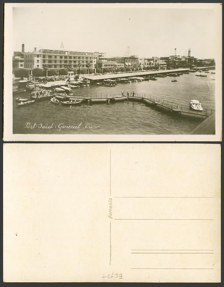 Egypt Old Real Photo Postcard Port Said General View, Boat Quay Boats and Bridge