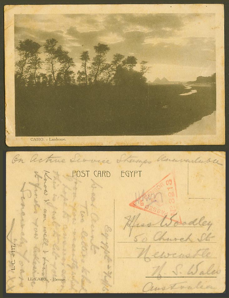 Egypt WW1 Censored, On Active Service 1916 Old Postcard Cairo Landscape Pyramids