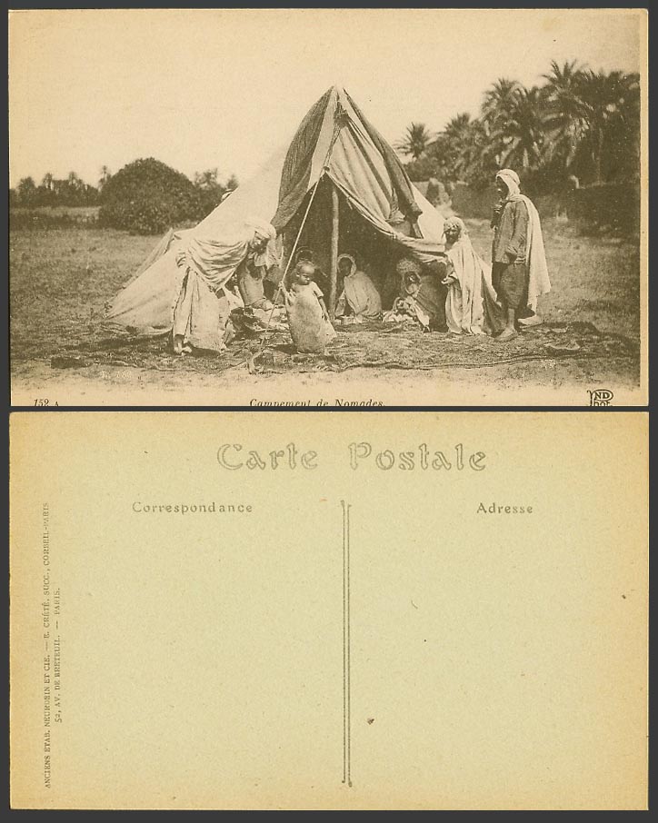 Algeria N Africa Old Postcard Campement de Nomades, Nomad Camp Tent Men Children