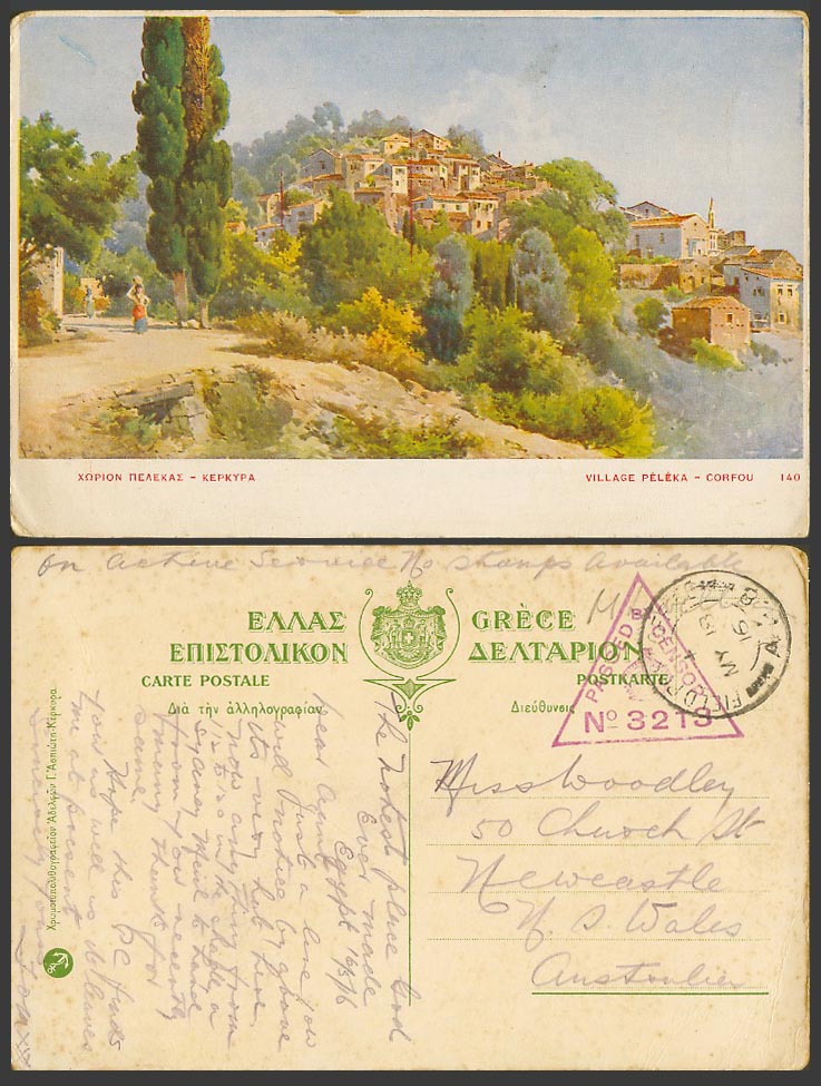 Greece WW1 O.A.S. Censored 1916 Old Postcard Corfou Corfu Village Peleka Kepkypa