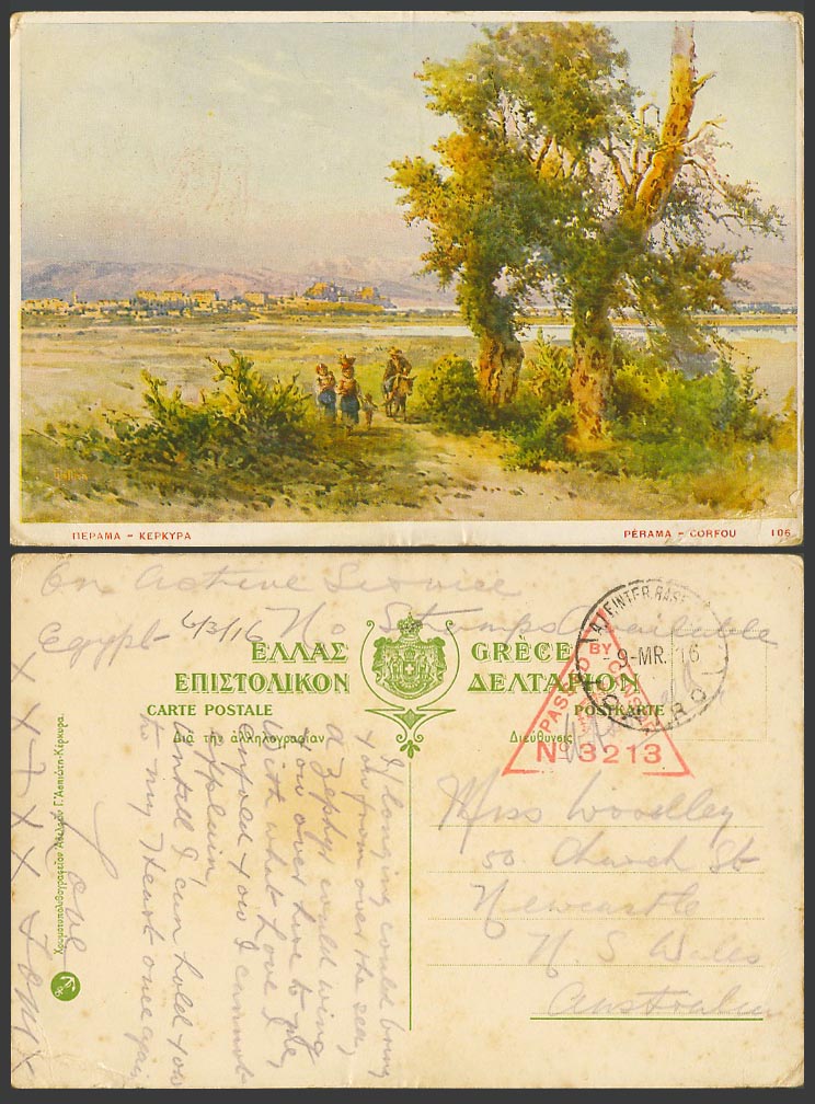 Greece WW1 OAS Censored 1916 Old ART Postcard Corfou Corfu Perama Pérama Kepkypa