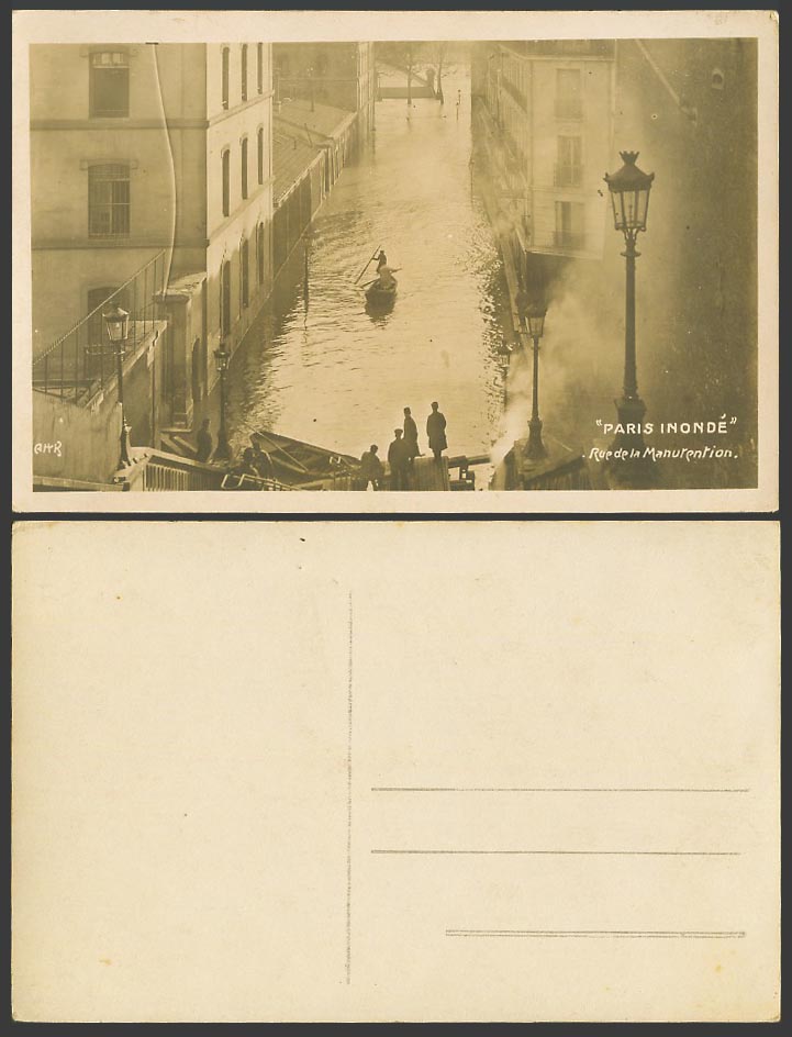 PARIS FLOOD 1910 Old R Photo Postcard Rue de la Manutention Boats Flooded Street