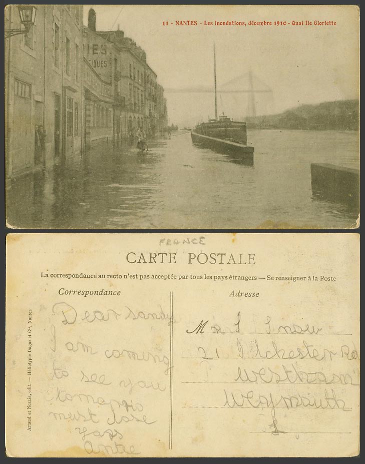 France Nantes Inonde FLOOD Dec 1910 Old Postcard Quai Ile Gloriette Quay Cyclist