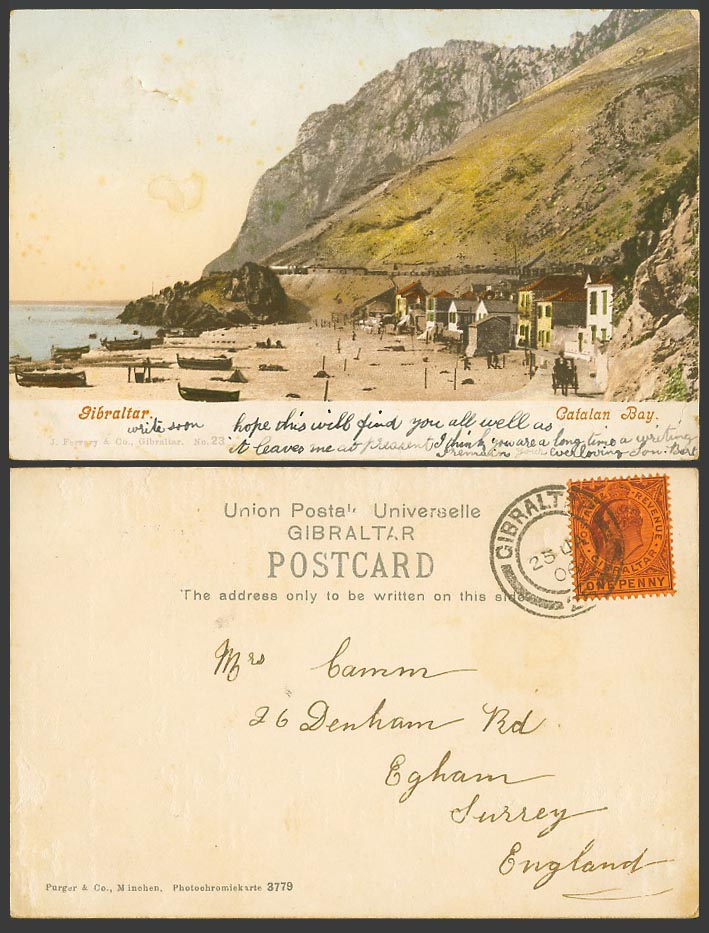 Gibraltar 1d 1906 Old Colour UB Postcard CATALAN BAY Beach Seaside Village Boats