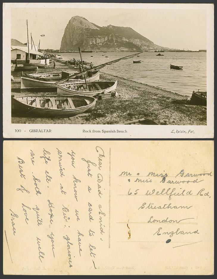Gibraltar Old Real Photo Postcard The Rock from Spanish Beach Boats Panorama 100