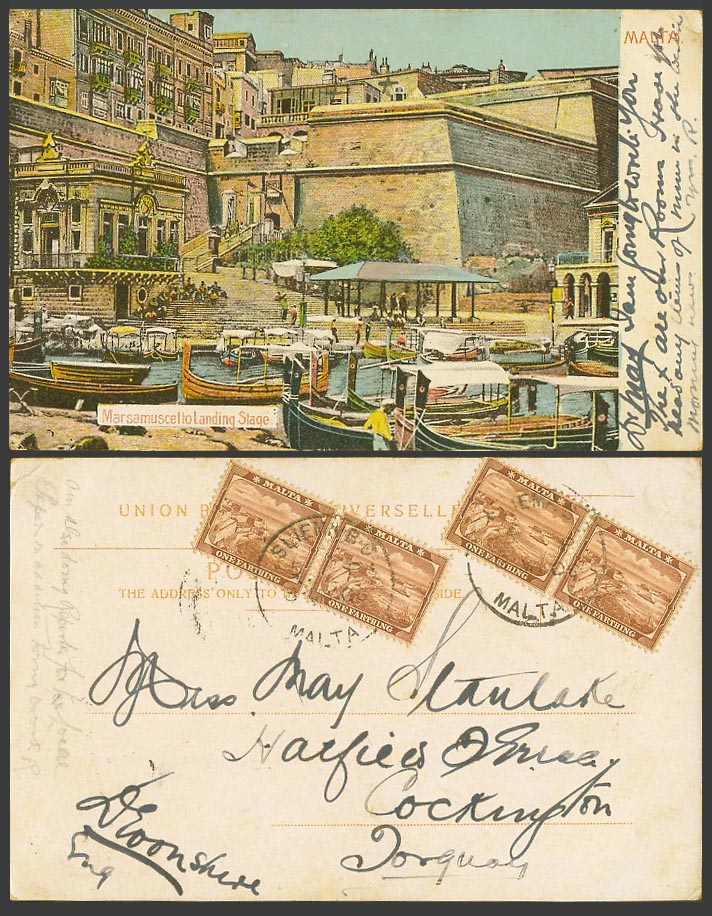 Malta 1f x 4 1906 Old Postcard Marsamuscetto Landing Stage DGHAISA Boats Harbour