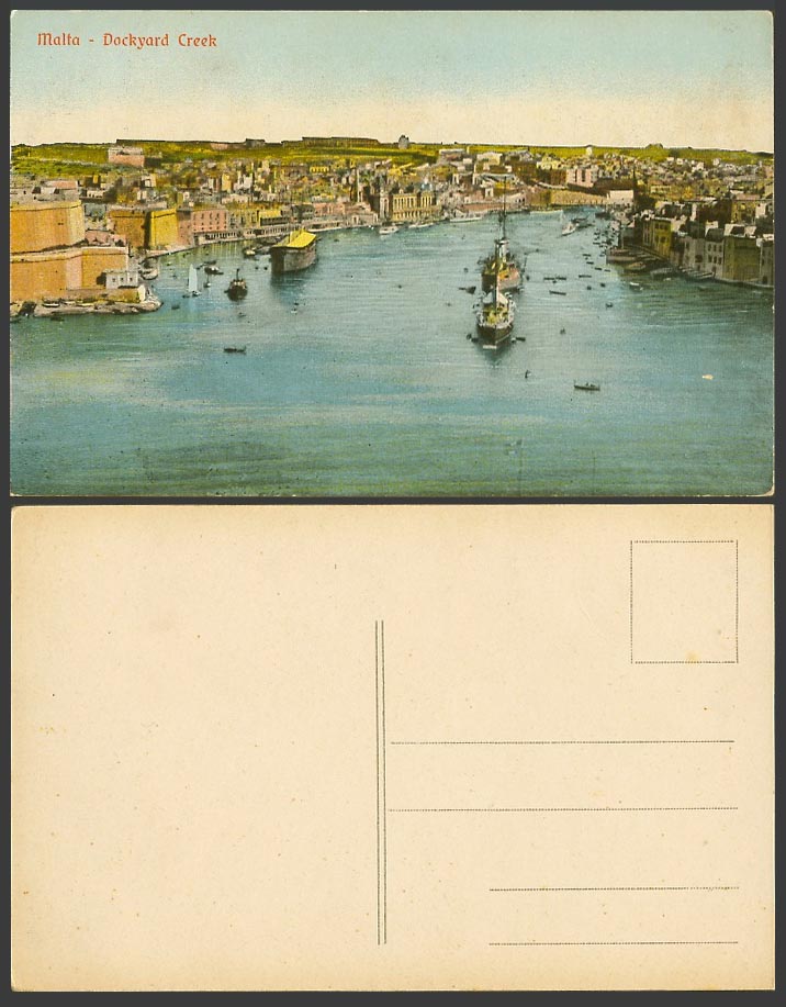 Malta Old Colour Postcard Dockyard Creek, Valletta Ships Boats Warships Panorama