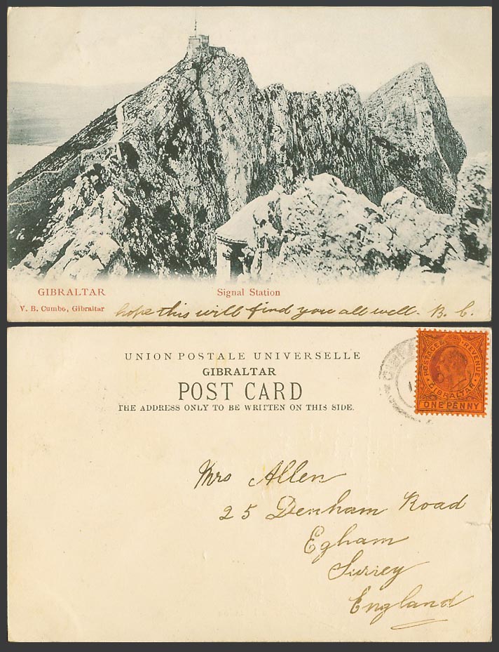 Gibraltar KE7 1d 1906 Old UB Postcard Signal Station Summit Peak Rocks Mountains