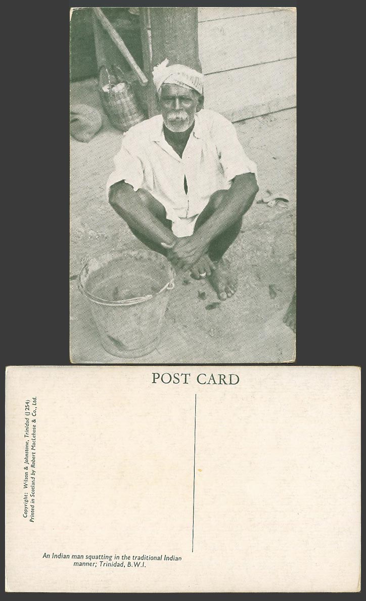 Trinidad B.W.I Old Postcard An Indian Man Squatting in Traditional Indian Manner