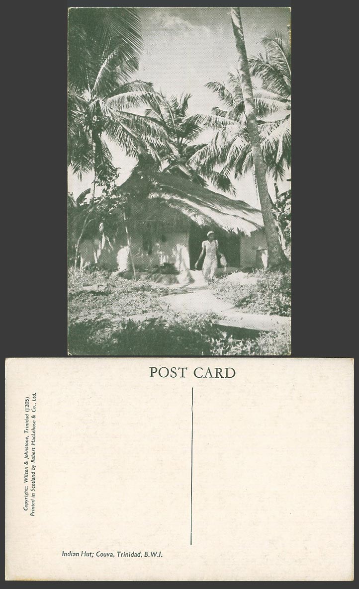Trinidad B.W.I. Old Postcard Indian Hut House Couva, Palm Trees, Woman Lady Girl