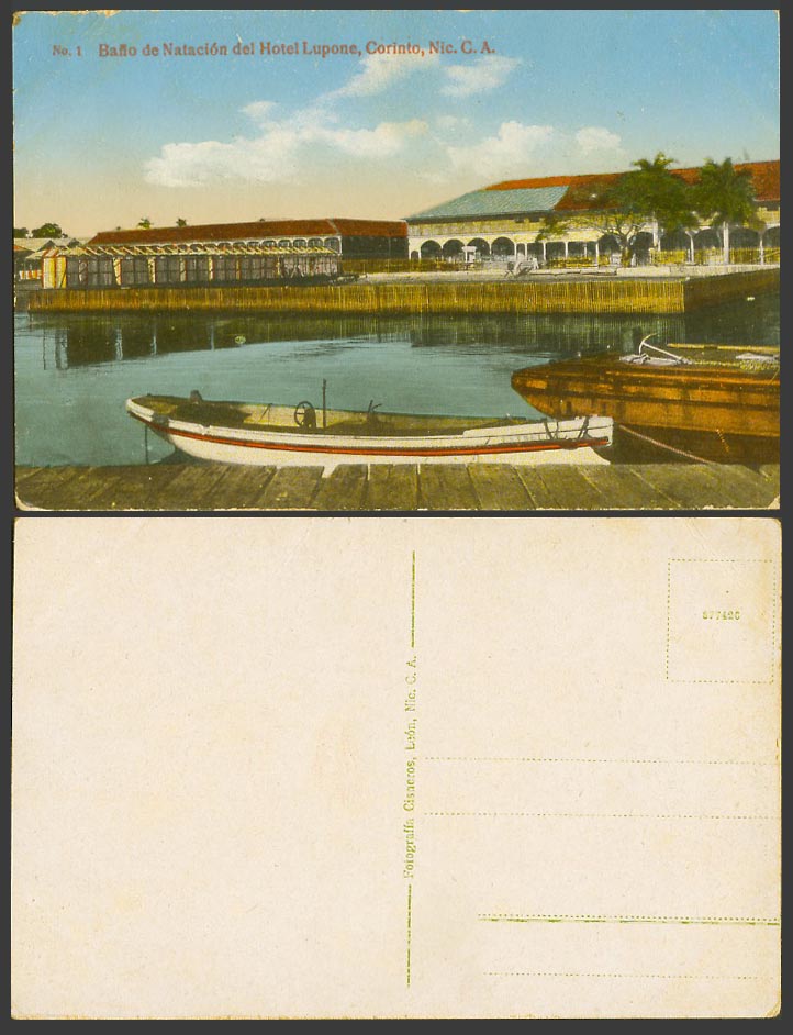 Nicaragua Old Postcard Corinto, Baflo de Natación del Hotel Lupone Boats Harbour